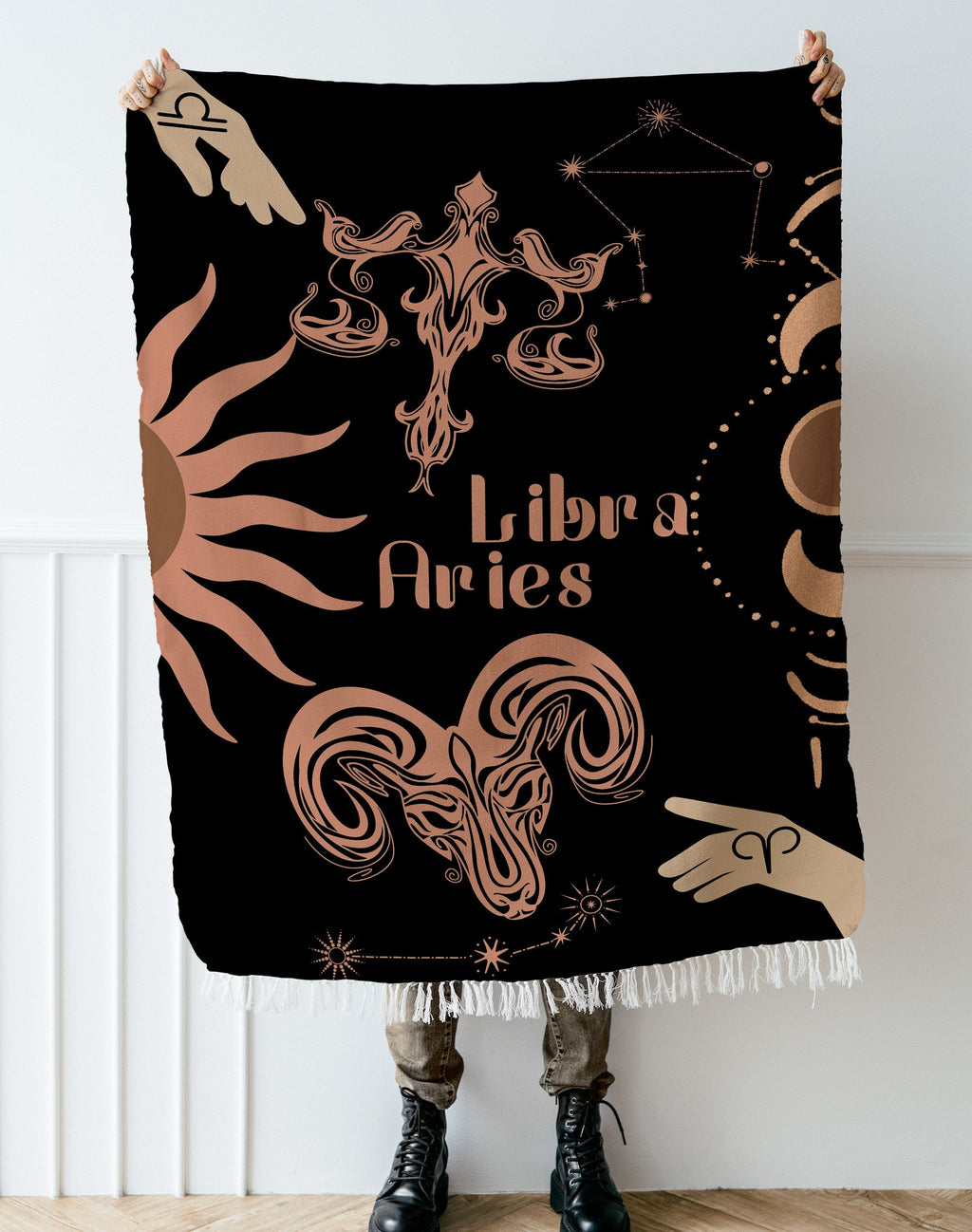 Woven tapestry throw blanket featuring the Aries and Libra zodiac symbols. Perfect for astrology enthusiasts, this cotton throw blanket adds a touch of boho style and celestial charm to your home decor.