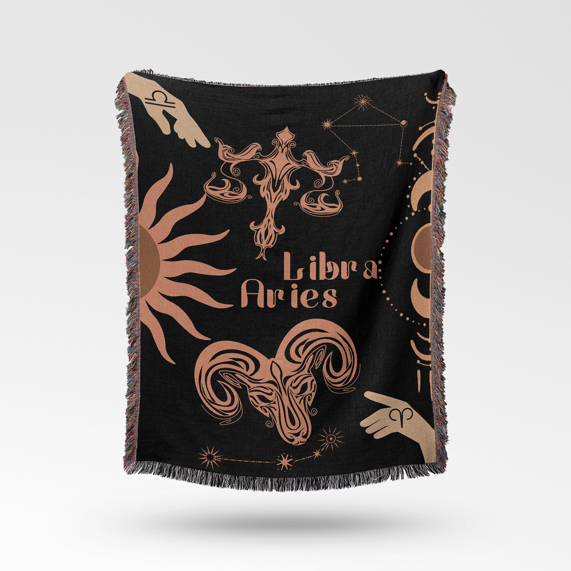Woven tapestry throw blanket featuring the Aries and Libra zodiac symbols. Perfect for astrology enthusiasts, this cotton throw blanket adds a touch of boho style and celestial charm to your home decor.
