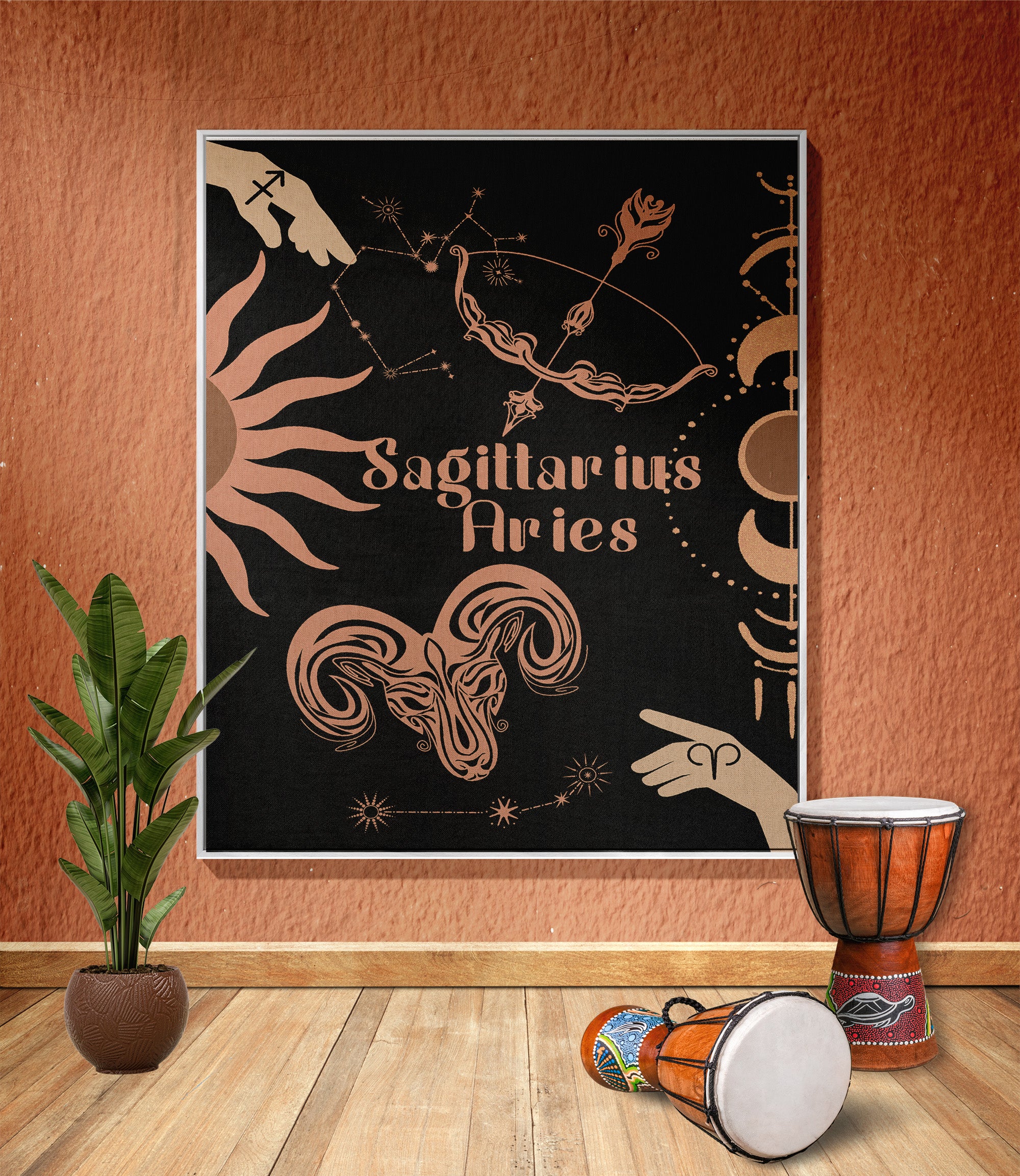 Woven tapestry throw blanket featuring the Aries and Sagittarius zodiac symbols. Perfect for astrology enthusiasts, this cotton throw blanket adds a touch of boho style and celestial charm to your home decor