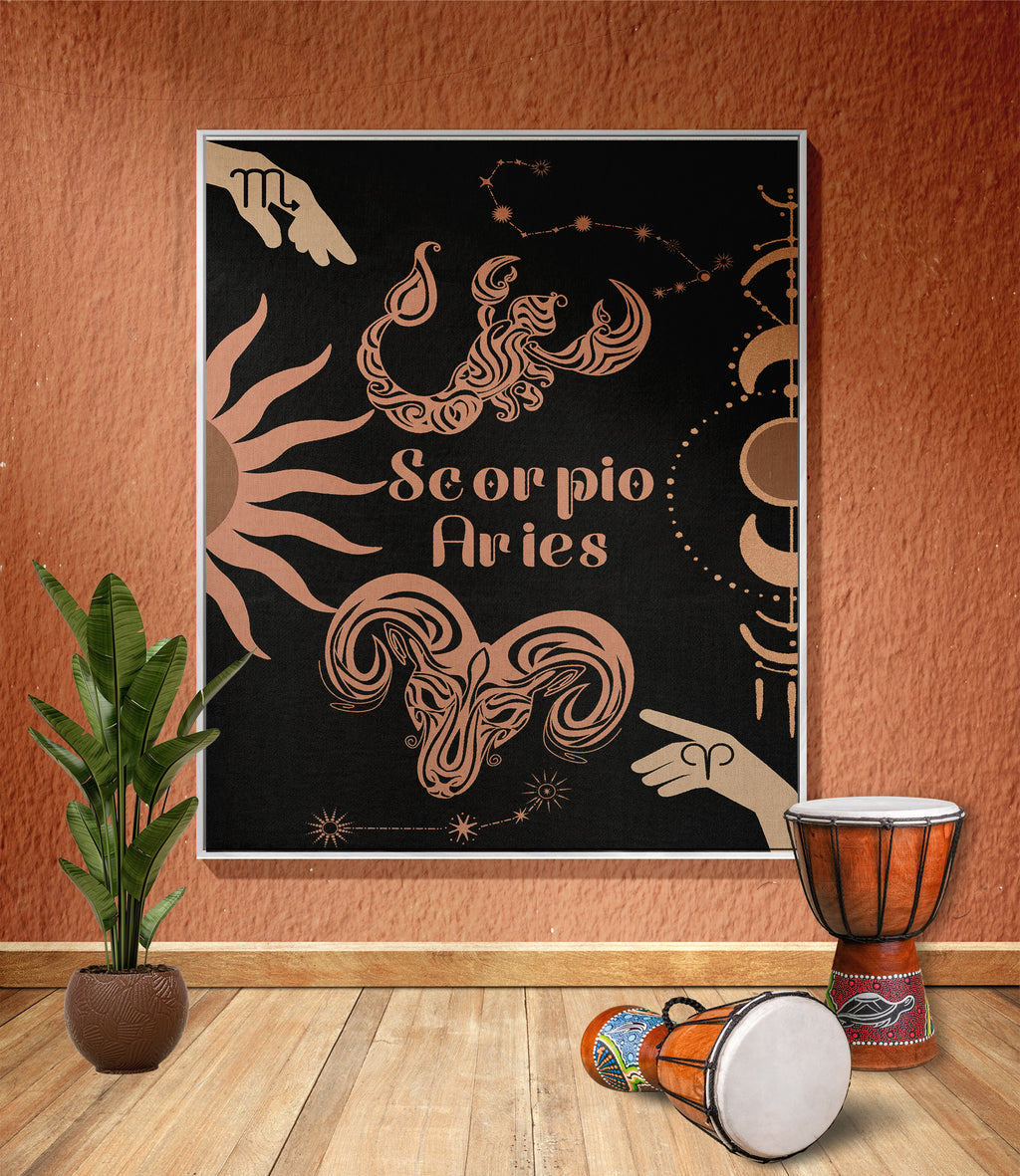 Woven tapestry throw blanket featuring the Aries and Scorpio zodiac symbols. Perfect for astrology enthusiasts, this cotton throw blanket adds a touch of boho style and celestial charm to your home decor.