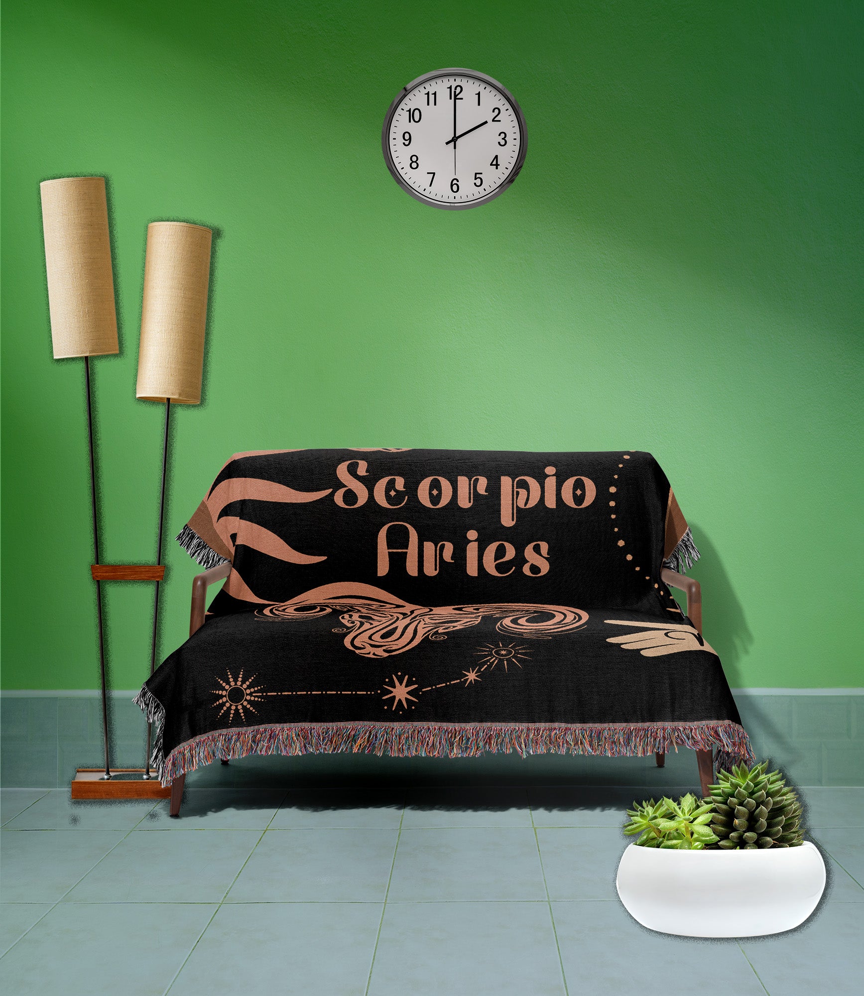 Woven tapestry throw blanket featuring the Aries and Scorpio zodiac symbols. Perfect for astrology enthusiasts, this cotton throw blanket adds a touch of boho style and celestial charm to your home decor.