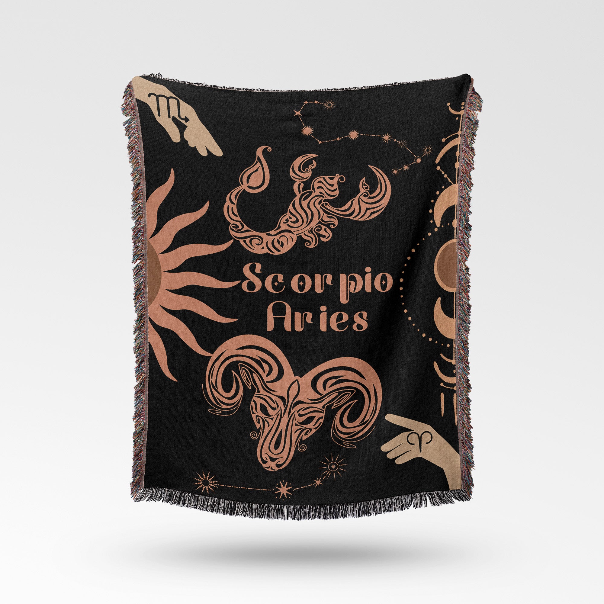 Woven tapestry throw blanket featuring the Aries and Scorpio zodiac symbols. Perfect for astrology enthusiasts, this cotton throw blanket adds a touch of boho style and celestial charm to your home decor.
