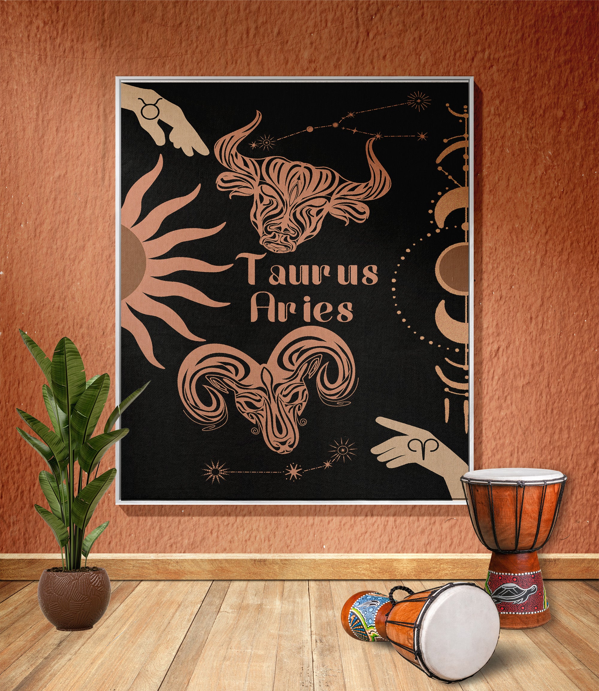 Woven tapestry throw blanket featuring the Aries and Taurus zodiac symbols. Perfect for astrology enthusiasts, this cotton throw blanket adds a touch of boho style and celestial charm to your home decor.