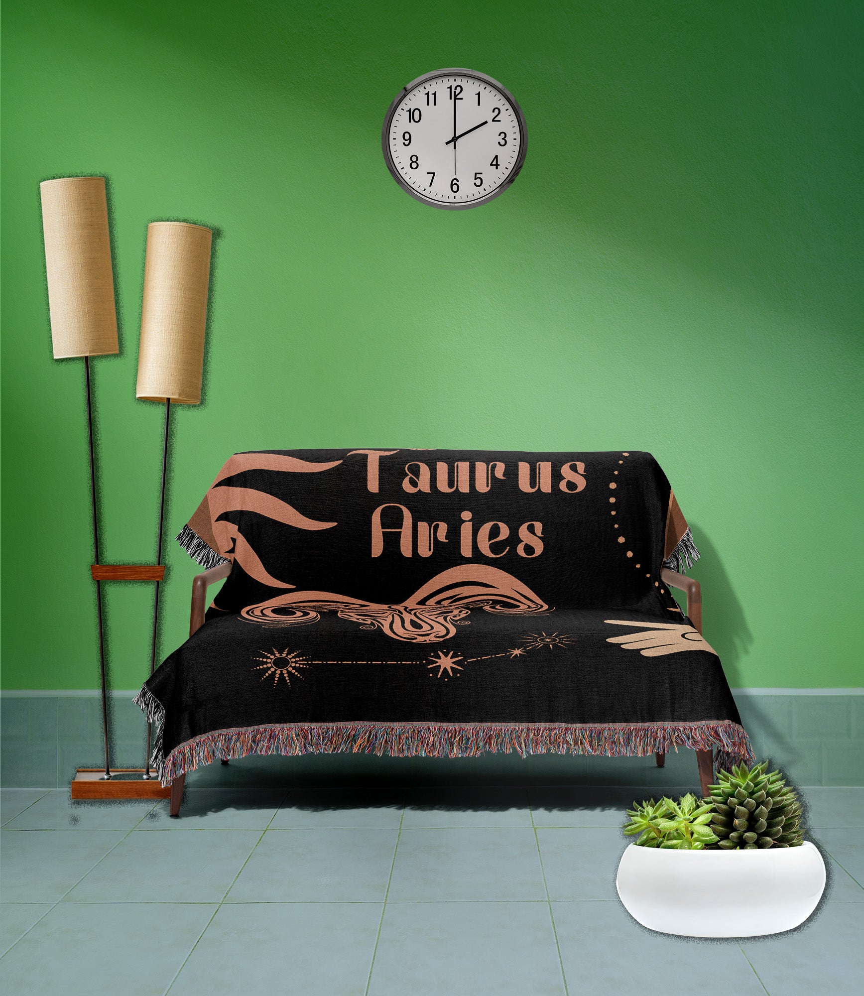 Woven tapestry throw blanket featuring the Aries and Taurus zodiac symbols. Perfect for astrology enthusiasts, this cotton throw blanket adds a touch of boho style and celestial charm to your home decor.