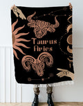 Woven tapestry throw blanket featuring the Aries and Taurus zodiac symbols. Perfect for astrology enthusiasts, this cotton throw blanket adds a touch of boho style and celestial charm to your home decor.