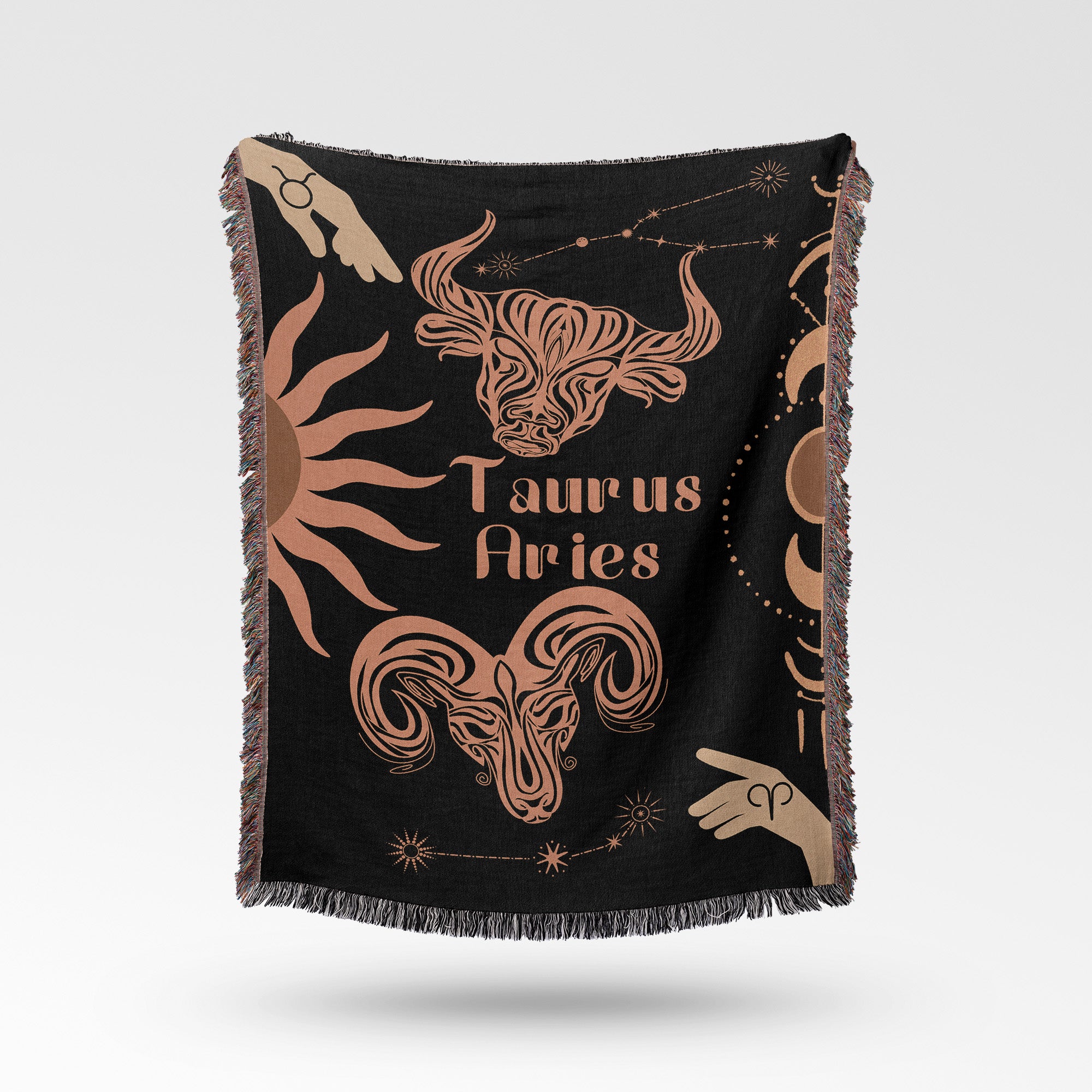 Woven tapestry throw blanket featuring the Aries and Taurus zodiac symbols. Perfect for astrology enthusiasts, this cotton throw blanket adds a touch of boho style and celestial charm to your home decor.