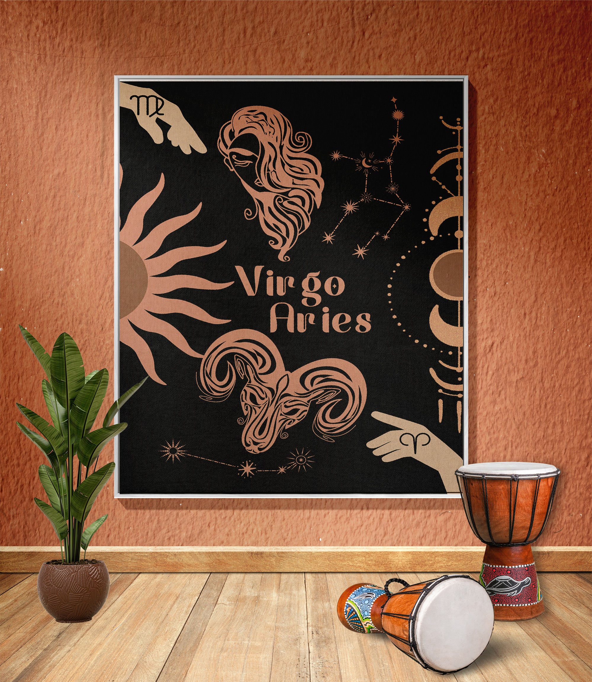 Woven tapestry throw blanket featuring the Aries and Virgo zodiac symbols. Perfect for astrology enthusiasts, this cotton throw blanket adds a touch of boho style and celestial charm to your home decor.