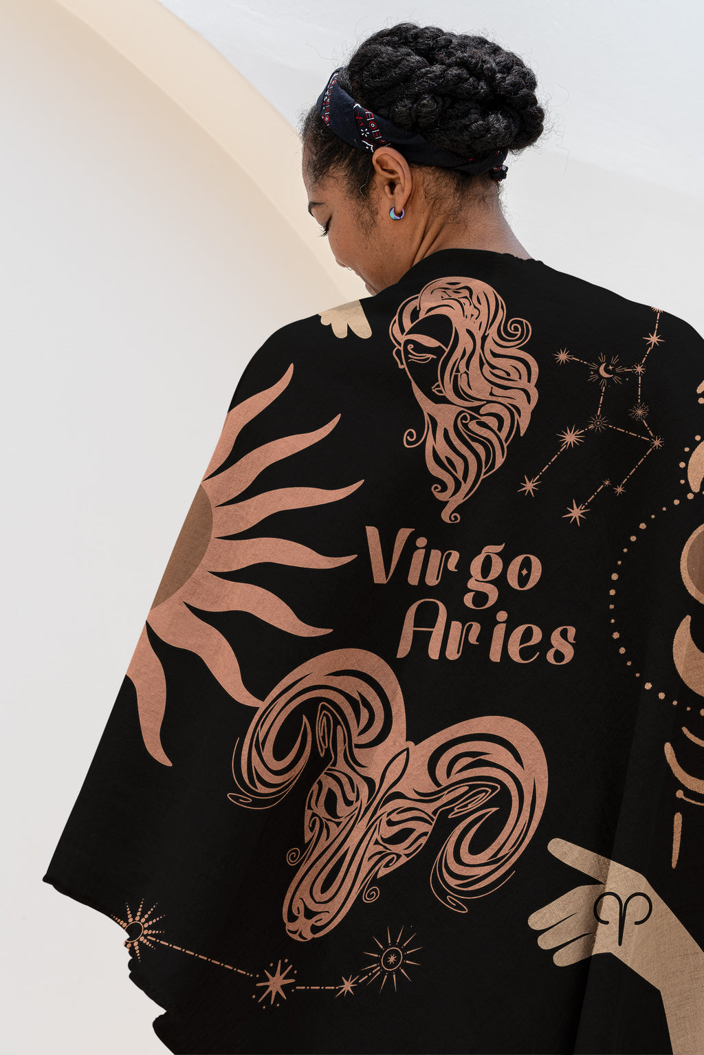 Woven tapestry throw blanket featuring the Aries and Virgo zodiac symbols. Perfect for astrology enthusiasts, this cotton throw blanket adds a touch of boho style and celestial charm to your home decor.