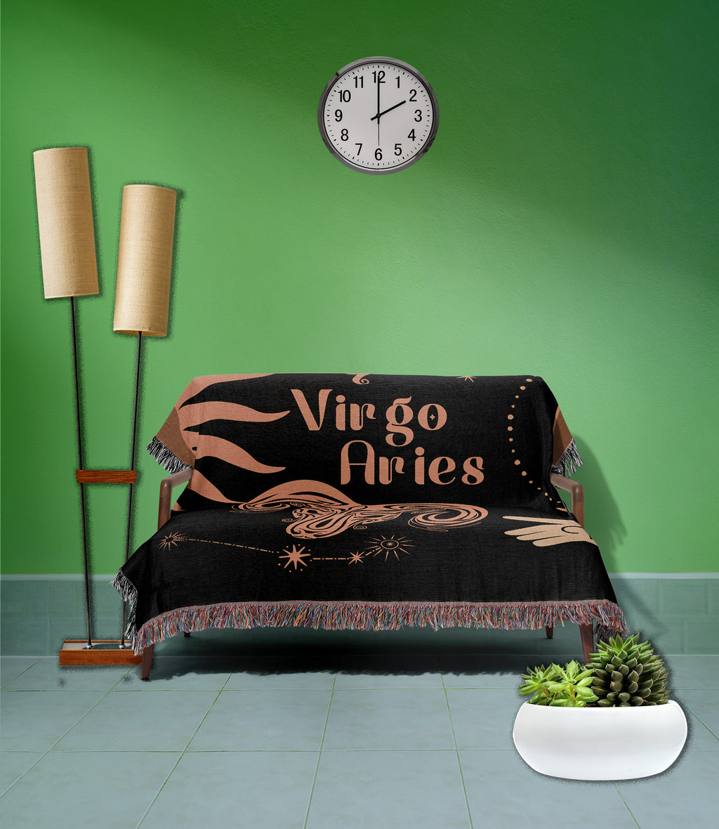 Woven tapestry throw blanket featuring the Aries and Virgo zodiac symbols. Perfect for astrology enthusiasts, this cotton throw blanket adds a touch of boho style and celestial charm to your home decor.