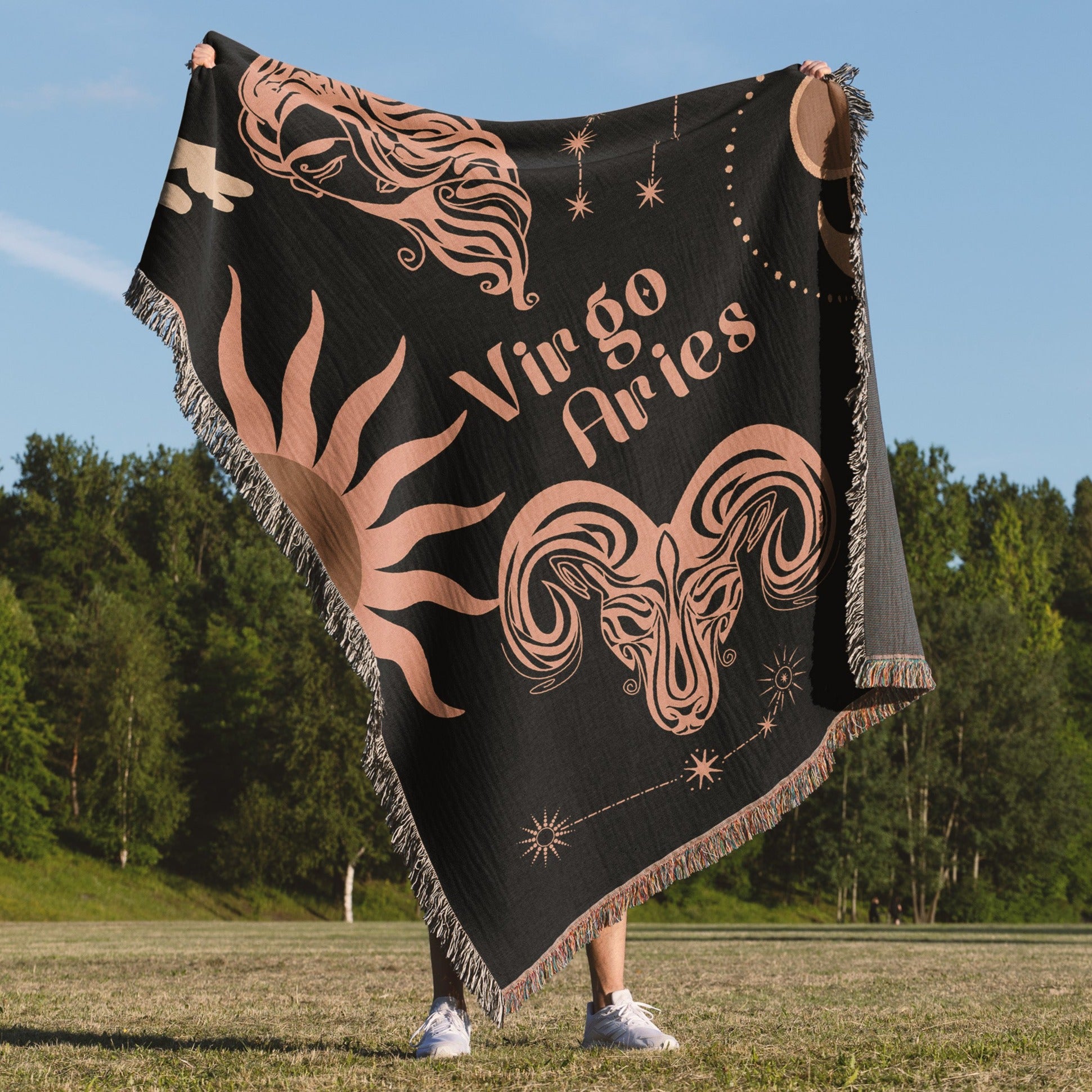 Woven tapestry throw blanket featuring the Aries and Virgo zodiac symbols. Perfect for astrology enthusiasts, this cotton throw blanket adds a touch of boho style and celestial charm to your home decor.