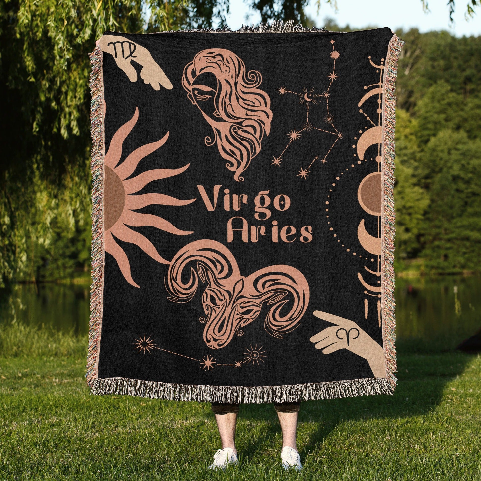 Woven tapestry throw blanket featuring the Aries and Virgo zodiac symbols. Perfect for astrology enthusiasts, this cotton throw blanket adds a touch of boho style and celestial charm to your home decor.