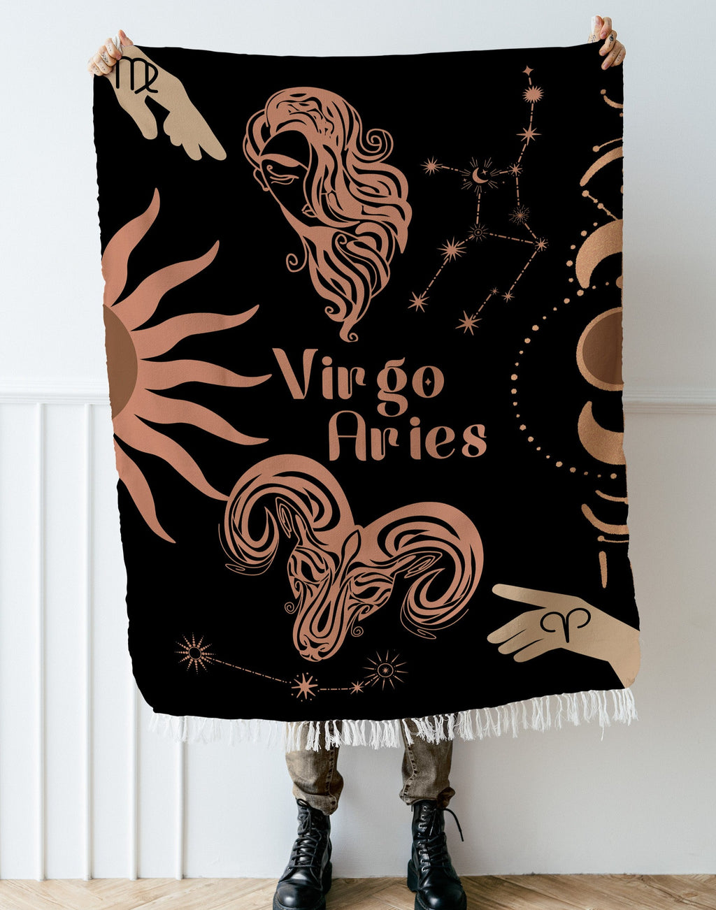 Woven tapestry throw blanket featuring the Aries and Virgo zodiac symbols. Perfect for astrology enthusiasts, this cotton throw blanket adds a touch of boho style and celestial charm to your home decor.