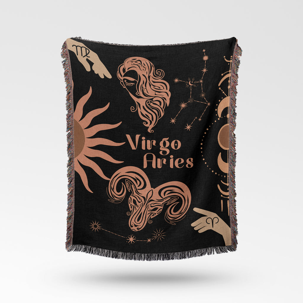 Woven tapestry throw blanket featuring the Aries and Virgo zodiac symbols. Perfect for astrology enthusiasts, this cotton throw blanket adds a touch of boho style and celestial charm to your home decor.