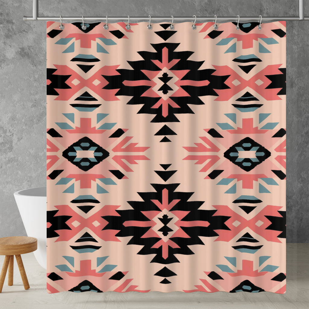 pink aztec shower curtain in a bathroom setting
