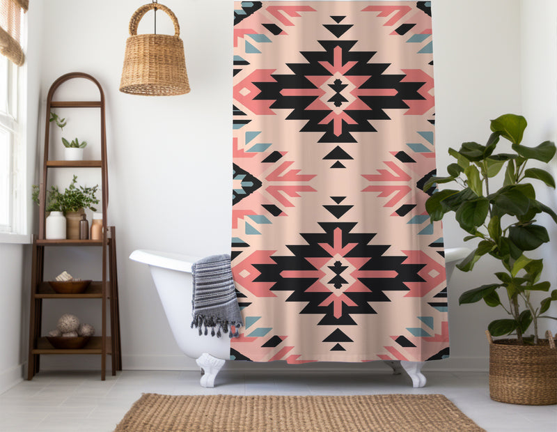 Aztec Western Shower Curtain - A pink pastel colorful, geometric shower curtain with an Aztec and Western-inspired design. Made from water-resistant, lightweight polyester fabric. Available in various sizes.