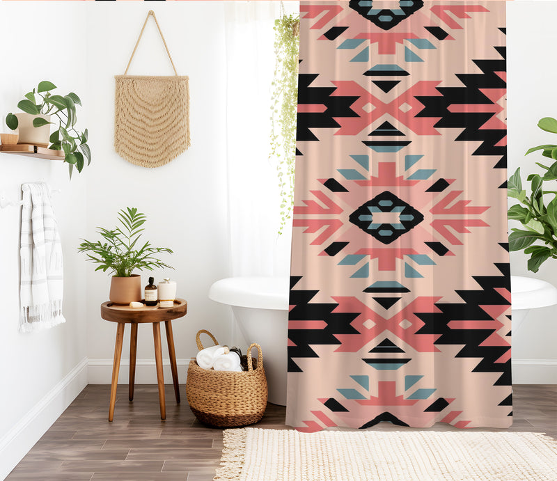 Aztec Western Shower Curtain - A pink pastel colorful, geometric shower curtain with an Aztec and Western-inspired design. Made from water-resistant, lightweight polyester fabric. Available in various sizes.