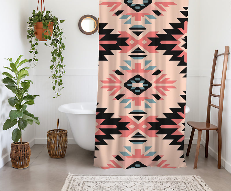 Aztec Western Shower Curtain - A pink pastel colorful, geometric shower curtain with an Aztec and Western-inspired design. Made from water-resistant, lightweight polyester fabric. Available in various sizes.