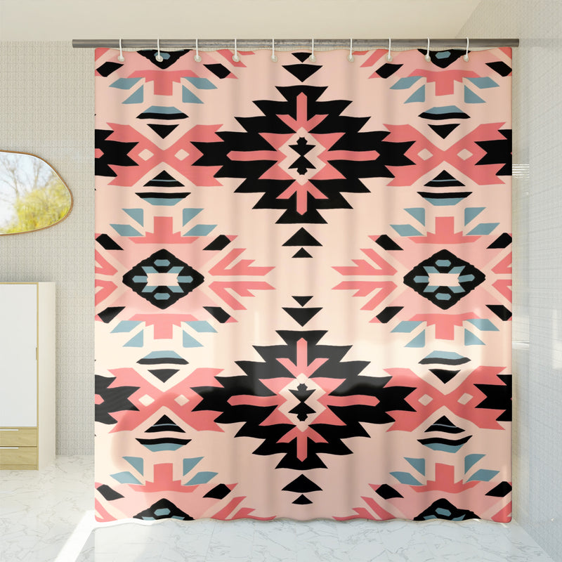 Aztec Western Shower Curtain - A pink pastel colorful, geometric shower curtain with an Aztec and Western-inspired design. Made from water-resistant, lightweight polyester fabric. Available in various sizes.