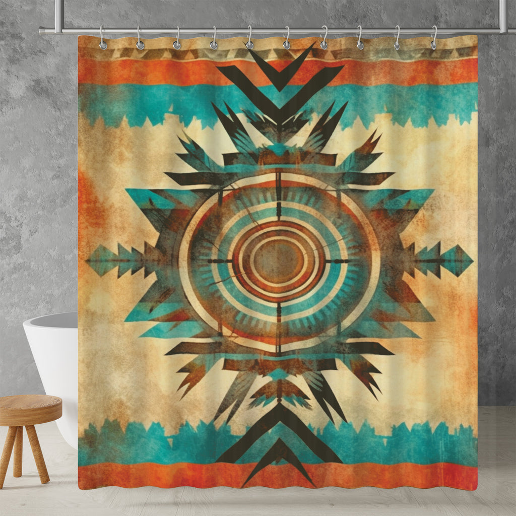 aztec sunburst shower curtain in a bathroom setting