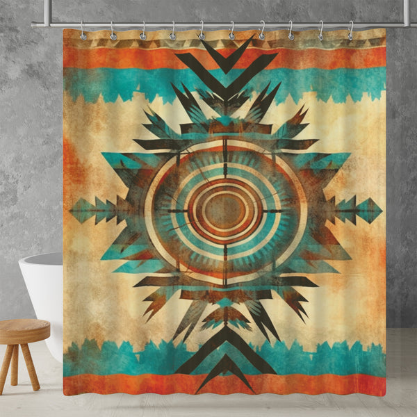 Aztec Western Shower Curtain - A colorful, geometric shower curtain with an Aztec and Western-inspired design. Made from water-resistant, lightweight polyester fabric. Available in various sizes.