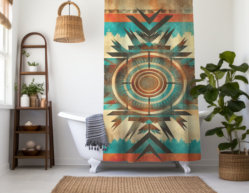 Aztec Western Shower Curtain - A colorful, geometric shower curtain with an Aztec and Western-inspired design. Made from water-resistant, lightweight polyester fabric. Available in various sizes.