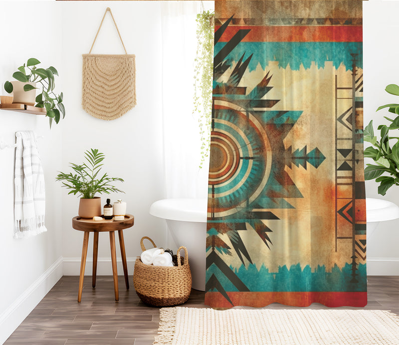 Aztec Western Shower Curtain - A colorful, geometric shower curtain with an Aztec and Western-inspired design. Made from water-resistant, lightweight polyester fabric. Available in various sizes.