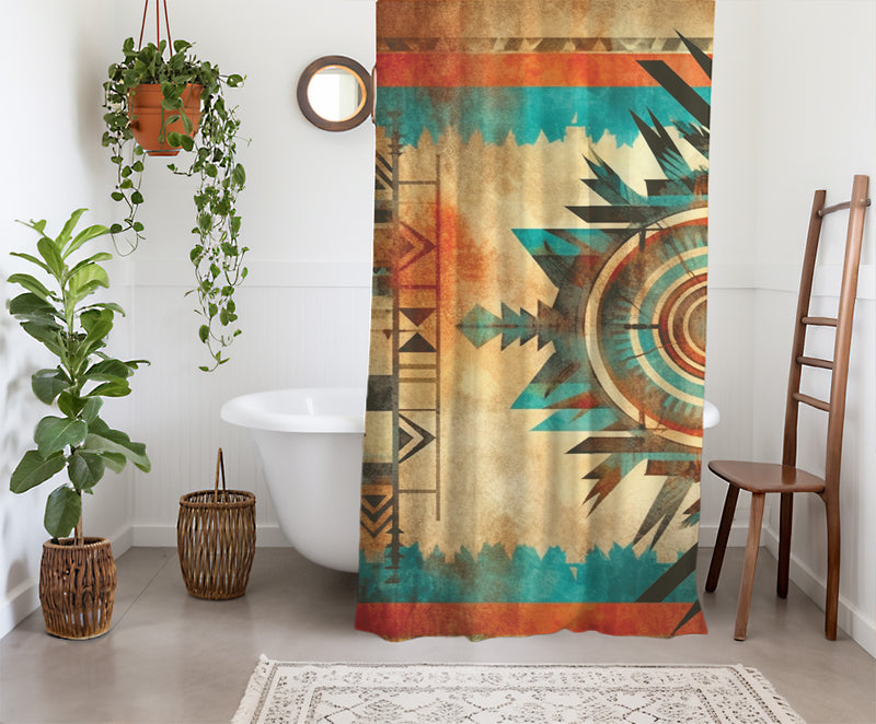 Aztec Western Shower Curtain - A colorful, geometric shower curtain with an Aztec and Western-inspired design. Made from water-resistant, lightweight polyester fabric. Available in various sizes.