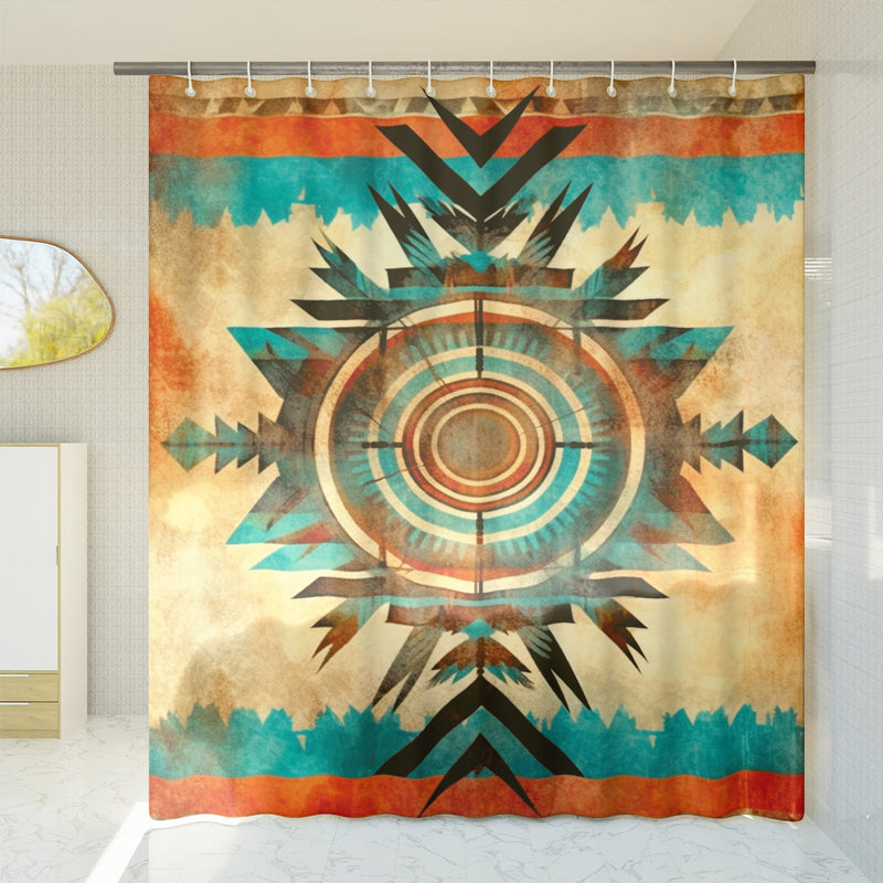 Aztec Western Shower Curtain - A colorful, geometric shower curtain with an Aztec and Western-inspired design. Made from water-resistant, lightweight polyester fabric. Available in various sizes.