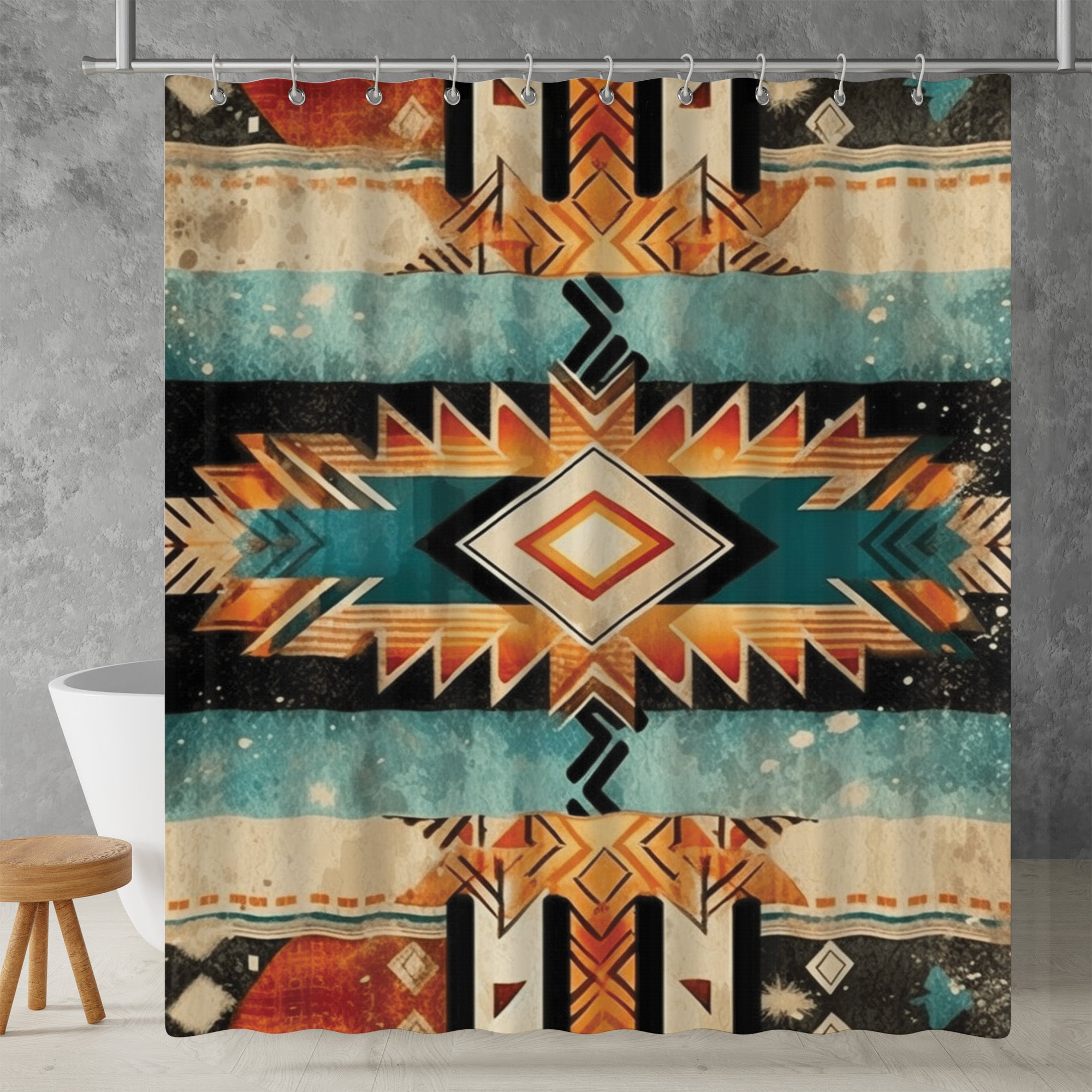 Aztec Western Shower Curtain Boho Grunge Geometric Abstract Colorful Pattern, Lightweight 100% Polyester, Water and Mildew Resistant, Multiple sizes with Hooks