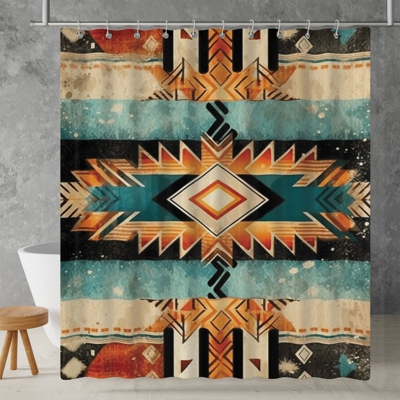 Aztec Western Shower Curtain - A colorful, geometric shower curtain with an Aztec and Western-inspired design. Made from water-resistant, lightweight polyester fabric. Available in various sizes.