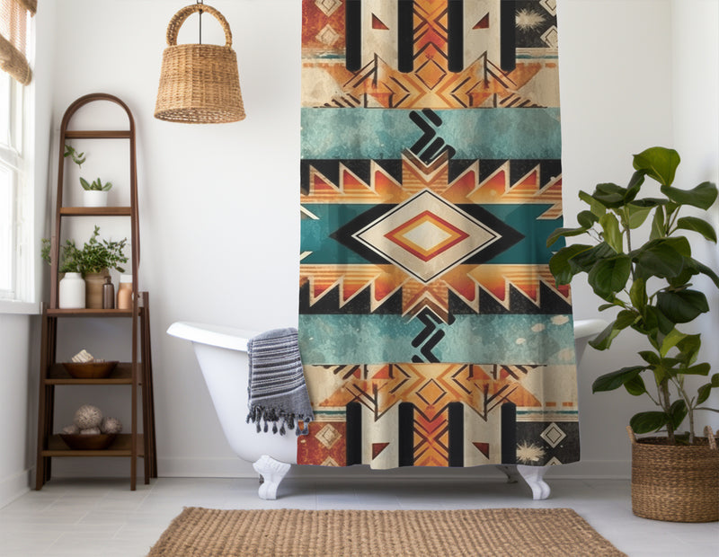 Aztec Western Shower Curtain - A colorful, geometric shower curtain with an Aztec and Western-inspired design. Made from water-resistant, lightweight polyester fabric. Available in various sizes.