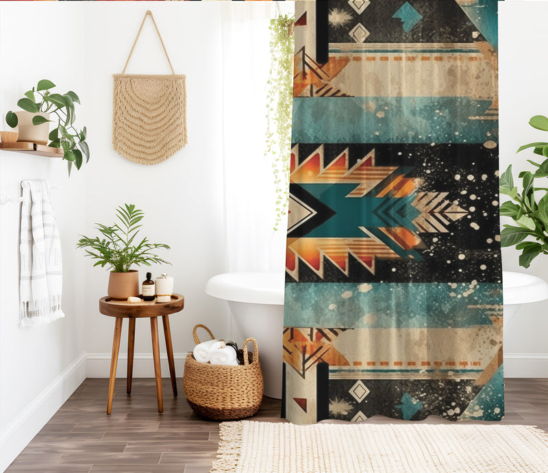 Aztec Western Shower Curtain - A colorful, geometric shower curtain with an Aztec and Western-inspired design. Made from water-resistant, lightweight polyester fabric. Available in various sizes.