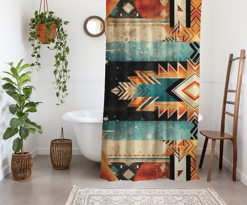 Aztec Western Shower Curtain - A colorful, geometric shower curtain with an Aztec and Western-inspired design. Made from water-resistant, lightweight polyester fabric. Available in various sizes.