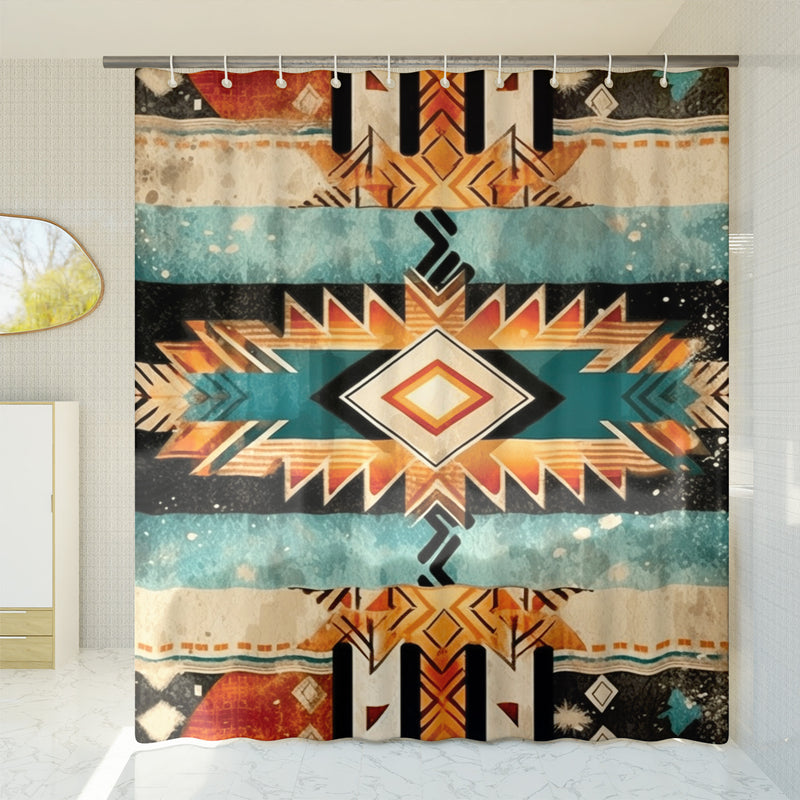 Aztec Western Shower Curtain - A colorful, geometric shower curtain with an Aztec and Western-inspired design. Made from water-resistant, lightweight polyester fabric. Available in various sizes.