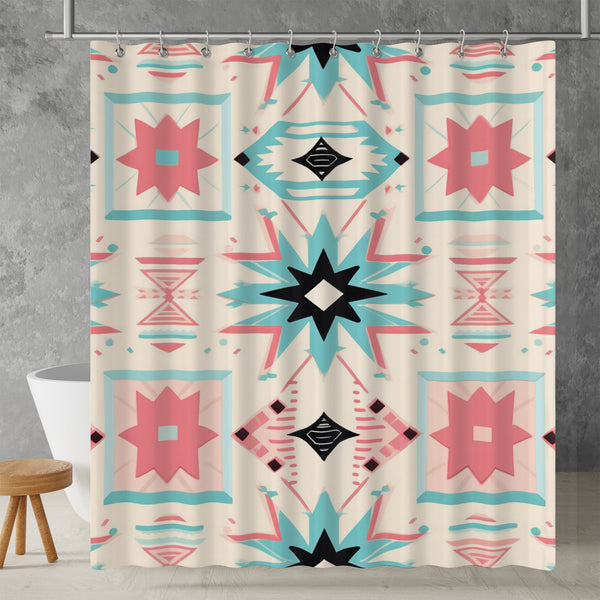 Aztec Western Shower Curtain - A pink pastel colorful, geometric shower curtain with an Aztec and Western-inspired design. Made from water-resistant, lightweight polyester fabric. Available in various sizes.