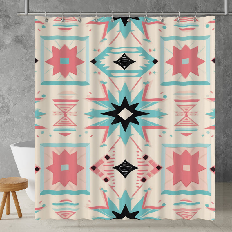 Aztec Western Shower Curtain - A pink pastel colorful, geometric shower curtain with an Aztec and Western-inspired design. Made from water-resistant, lightweight polyester fabric. Available in various sizes.