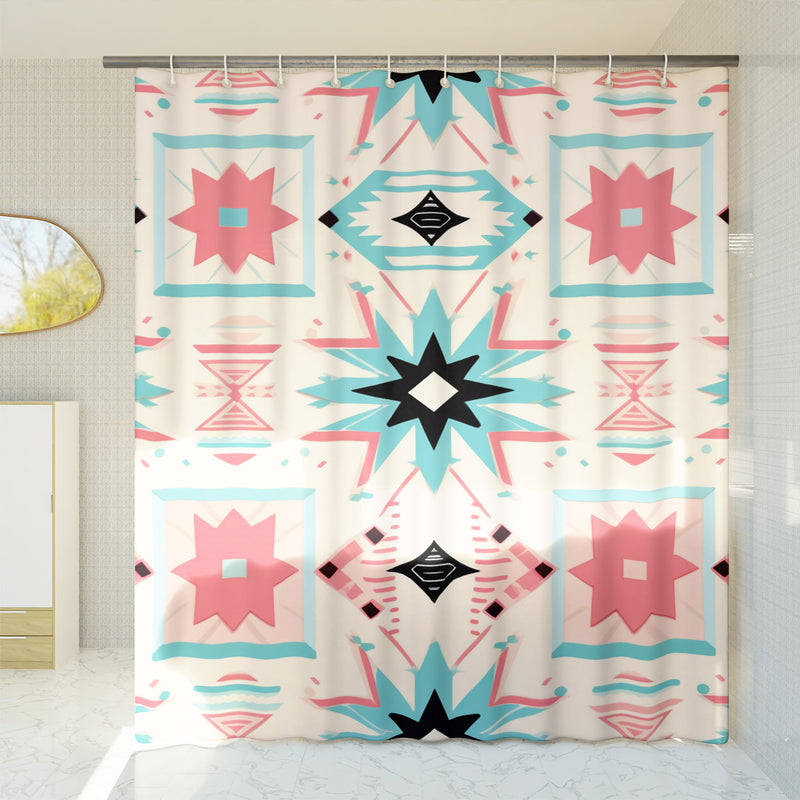 Aztec Western Shower Curtain - A pink pastel colorful, geometric shower curtain with an Aztec and Western-inspired design. Made from water-resistant, lightweight polyester fabric. Available in various sizes.