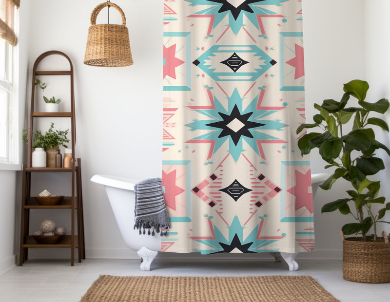 Aztec Western Shower Curtain - A pink pastel colorful, geometric shower curtain with an Aztec and Western-inspired design. Made from water-resistant, lightweight polyester fabric. Available in various sizes.