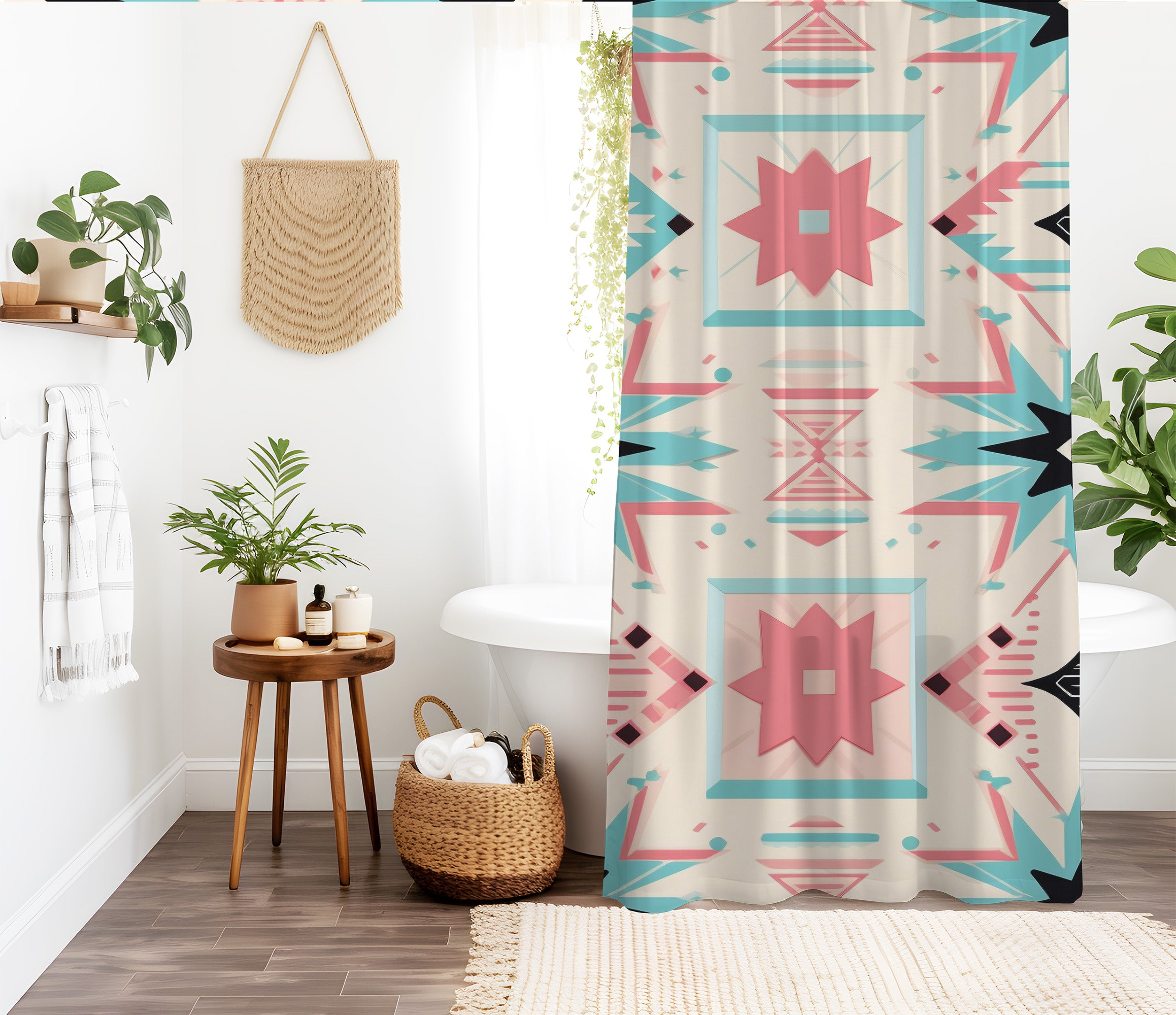 Aztec Pastel Pink Western Shower Curtain Colorful Abstract Geometric Pattern, Lightweight 100% Polyester, Water and Mildew Resistant, Multiple sizes with Hooks