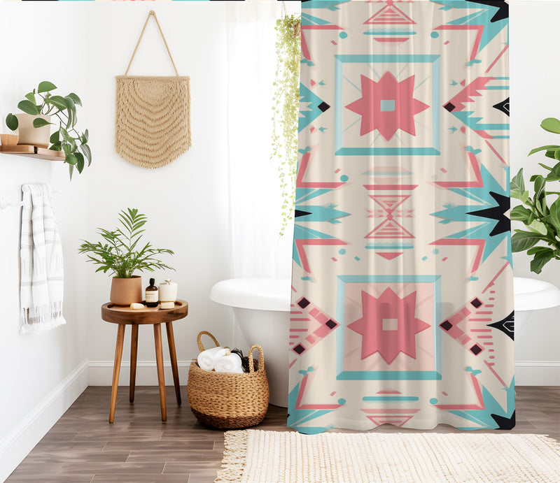 Aztec Western Shower Curtain - A pink pastel colorful, geometric shower curtain with an Aztec and Western-inspired design. Made from water-resistant, lightweight polyester fabric. Available in various sizes.