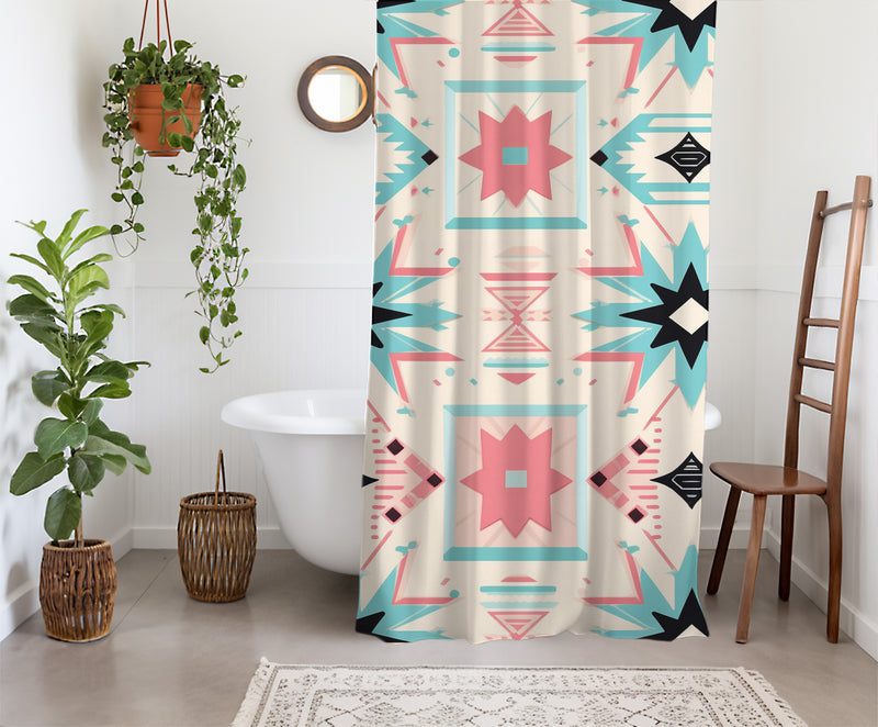 Aztec Western Shower Curtain - A pink pastel colorful, geometric shower curtain with an Aztec and Western-inspired design. Made from water-resistant, lightweight polyester fabric. Available in various sizes.