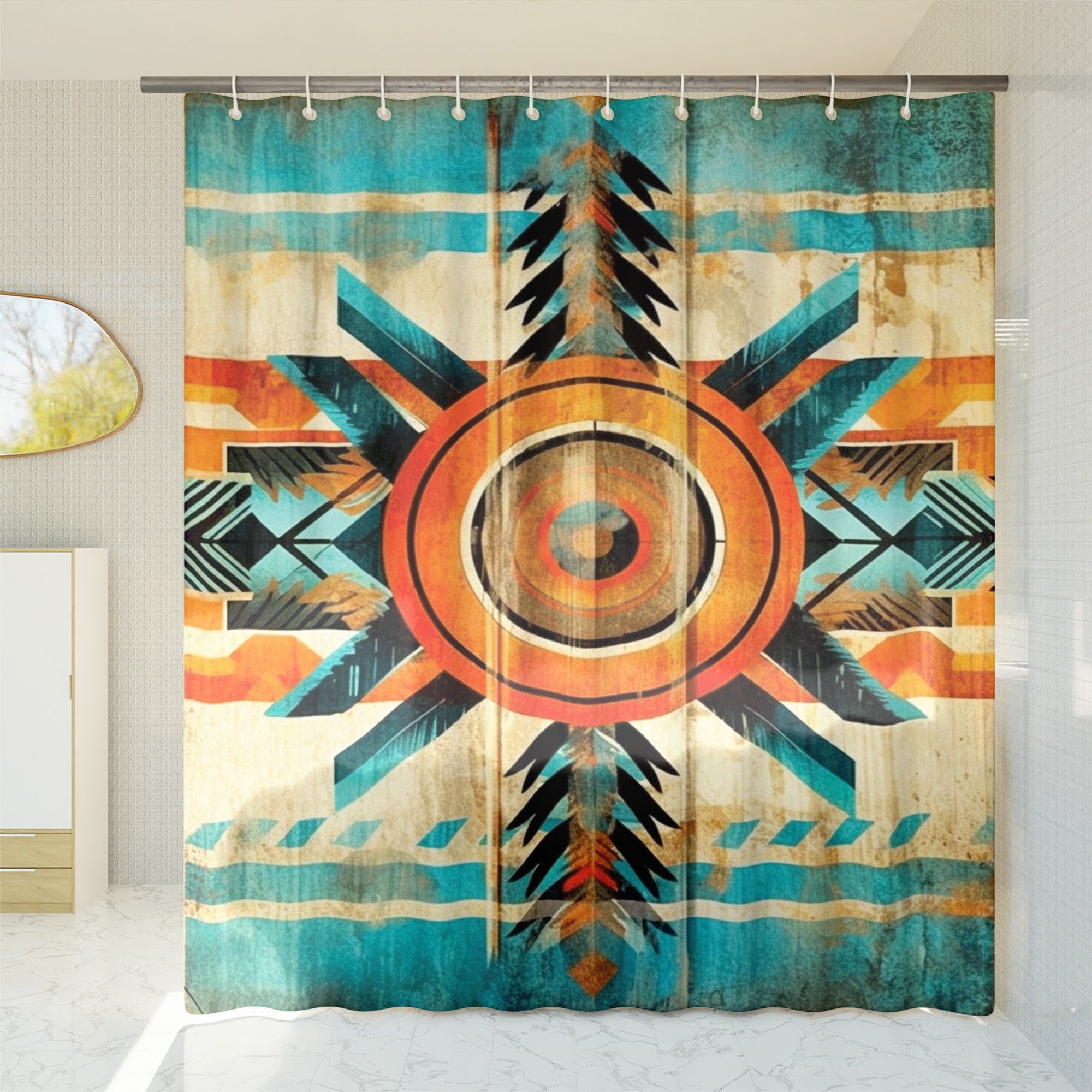 Aztec Western Shower Curtain Colorful Grunge Boho Abstract Geometric Pattern, Lightweight 100% Polyester, Water and Mildew Resistant, Multiple sizes with Hooks