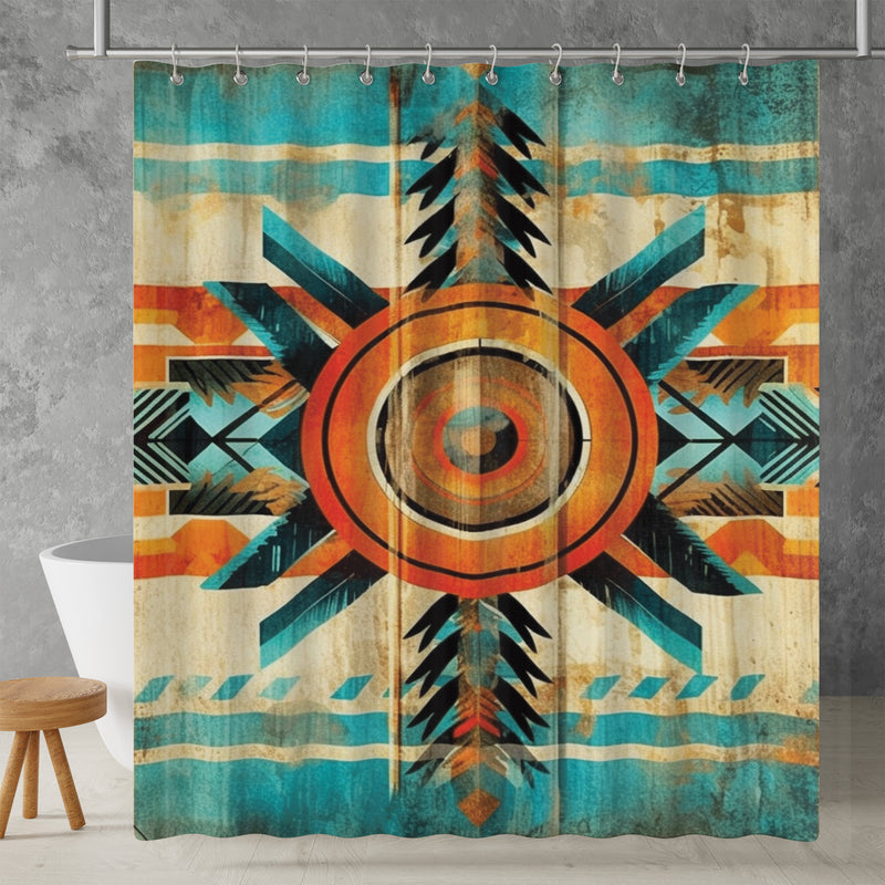 Aztec Western Shower Curtain - A colorful, geometric shower curtain with an Aztec and Western-inspired design. Made from water-resistant, lightweight polyester fabric. Available in various sizes.