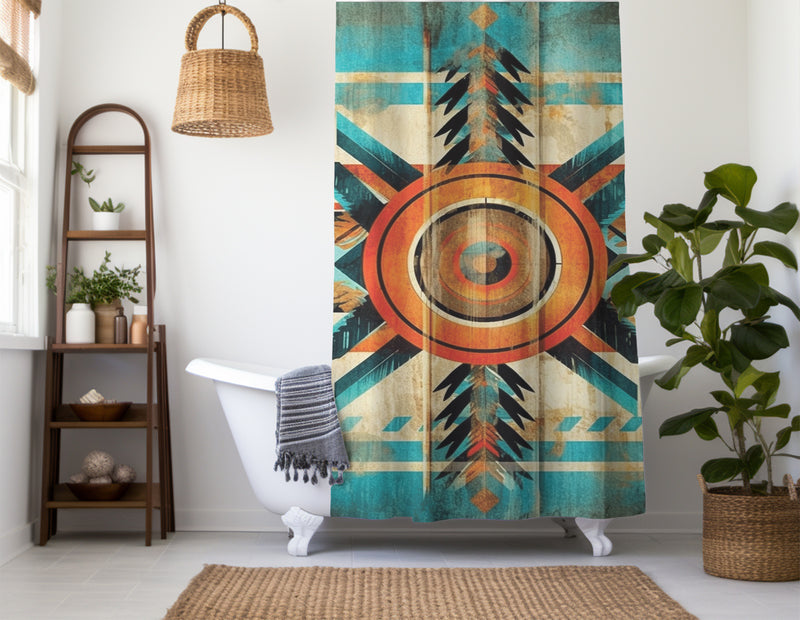 Aztec Western Shower Curtain - A colorful, geometric shower curtain with an Aztec and Western-inspired design. Made from water-resistant, lightweight polyester fabric. Available in various sizes.