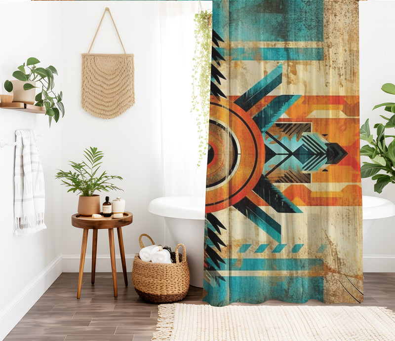 Aztec Western Shower Curtain - A colorful, geometric shower curtain with an Aztec and Western-inspired design. Made from water-resistant, lightweight polyester fabric. Available in various sizes.