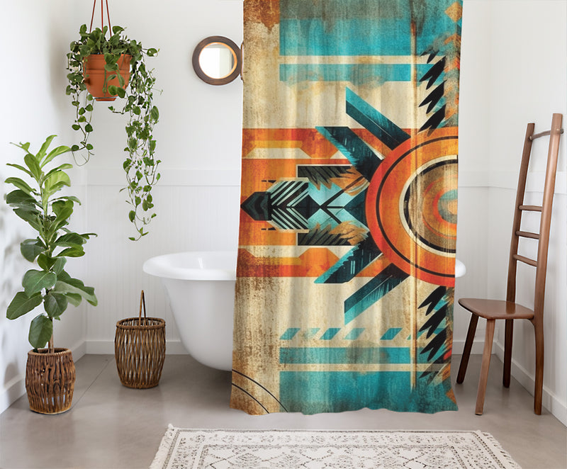 Aztec Western Shower Curtain - A colorful, geometric shower curtain with an Aztec and Western-inspired design. Made from water-resistant, lightweight polyester fabric. Available in various sizes.