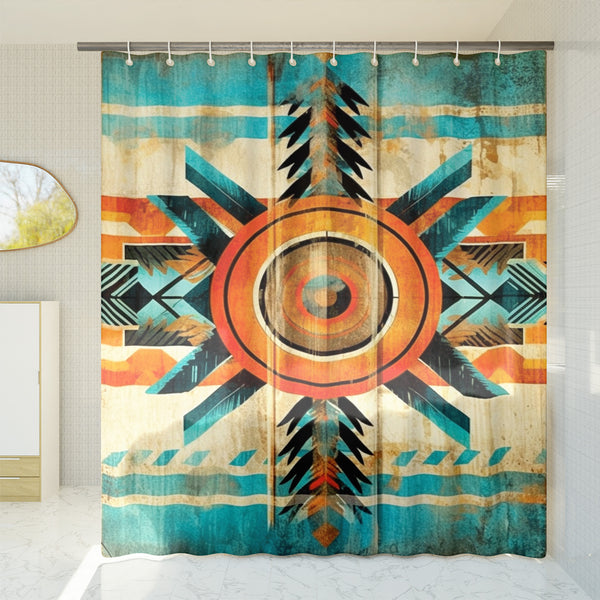 Aztec Western Shower Curtain - A colorful, geometric shower curtain with an Aztec and Western-inspired design. Made from water-resistant, lightweight polyester fabric. Available in various sizes.