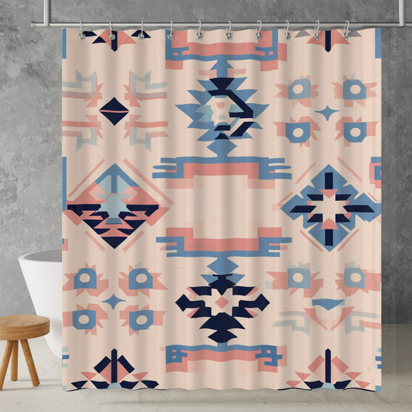 Aztec Western Shower Curtain - A pink pastel colorful, geometric shower curtain with an Aztec and Western-inspired design. Made from water-resistant, lightweight polyester fabric. Available in various sizes.
