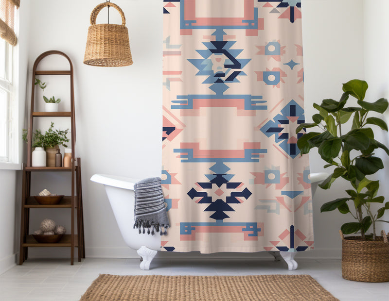 Aztec Western Shower Curtain - A pink pastel colorful, geometric shower curtain with an Aztec and Western-inspired design. Made from water-resistant, lightweight polyester fabric. Available in various sizes.