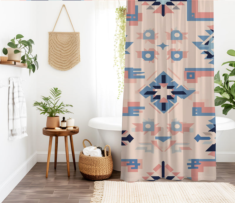 Aztec Western Shower Curtain - A pink pastel colorful, geometric shower curtain with an Aztec and Western-inspired design. Made from water-resistant, lightweight polyester fabric. Available in various sizes.